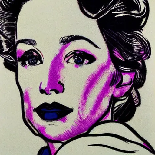 Prompt: beautiful female portrait in ink by james jean, by andy warhol, by roy lichtenstein, by egon schiele