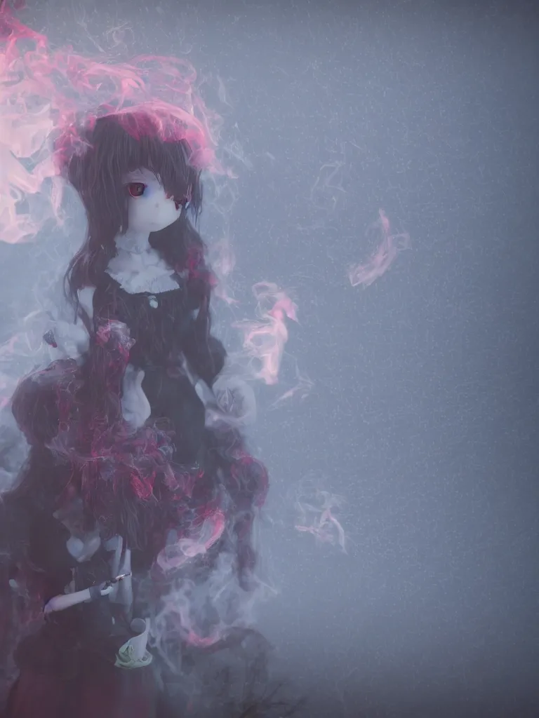 Image similar to cute fumo plush of a gothic maiden girl who is sullen and smoking a cigarette, rich dew rosegarden at dawn, swirling vortices of emissive smoke and volumetric fog, vignette, vray