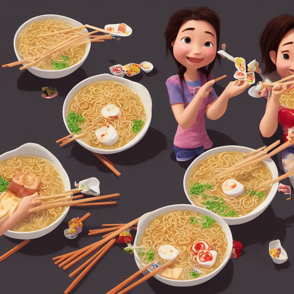 Prompt: Two happy beautiful girls holding chopsticks and eating a bowl of ramen, hyper realistic, insane detail, Pixar