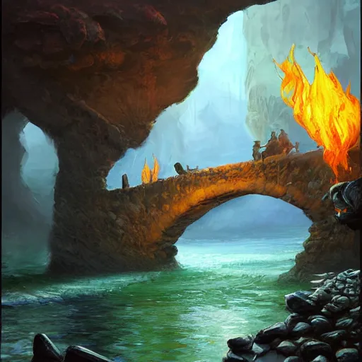 Image similar to acrylic painting, impressionism and expressionism, bold colors, expressive brushstrokes. the ferryman under a stone bridge over the river styx in hades. fantasy art by tyler edlin, cgsociety, burning torches, cliffs