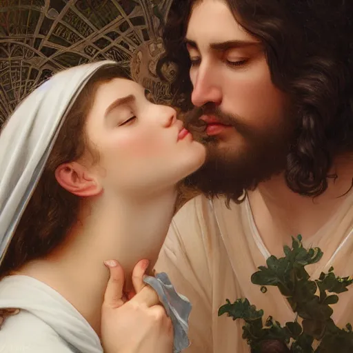 Image similar to jesus kissing a maria maddalena, elegant, highly detailed, digital painting, artstation, concept art, matte, sharp focus, highly detailed, 4 k, hdr, smooth, sharp focus, high resolution, award - winning photo, photorealistic, art by artgerm and greg rutkowski and alphonse mucha, large shot