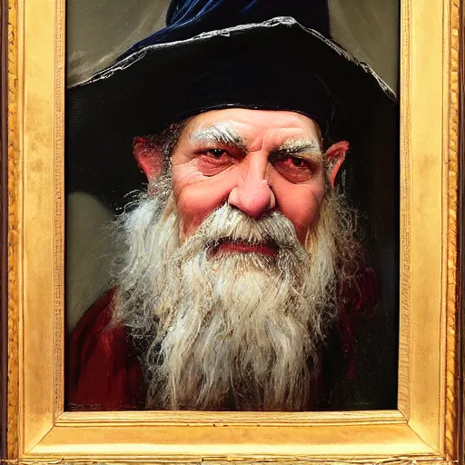 Image similar to Solomon Joseph Solomon and Richard Schmid and Jeremy Lipking victorian genre painting portrait painting of a old rugged actor wizard wearing a wizard hat and robe from the hobbit , red background