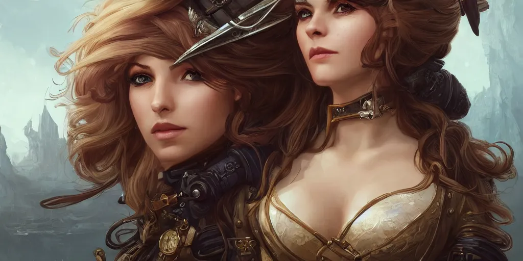 Image similar to 3 / 4 headshot of female airship pirate, d & d, handsome, fantasy, intricate, long hair, airship, steampunk, blond hair, elegant, highly detailed, digital painting, artstation, concept art, smooth, sharp focus, illustration, art by artgerm and greg rutkowski and alphonse mucha
