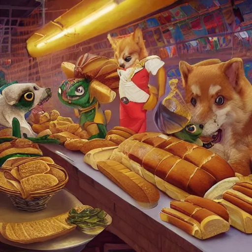 Prompt: “ a mexican - inspired fantasy market with corgis made out of bread in glass cases, similar to fidough from pokemon scarlet, d & d, fantasy, intricate, cinematic lighting, highly detailed, digital painting, artstation, concept art, smooth, sharp focus, illustration, art by artgerm and greg rutkowski and alphonse mucha ”