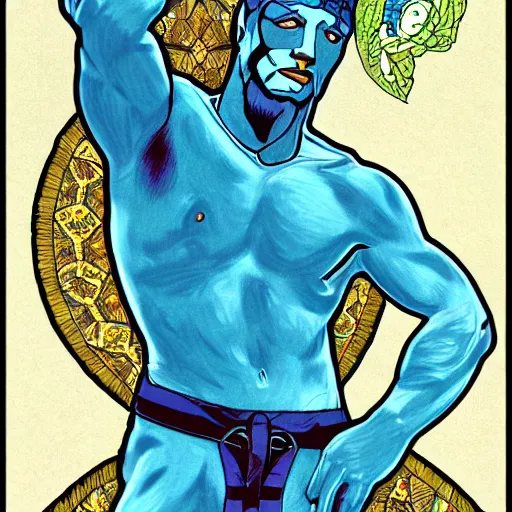 Image similar to god of nature, blue panther, in a style of mucha