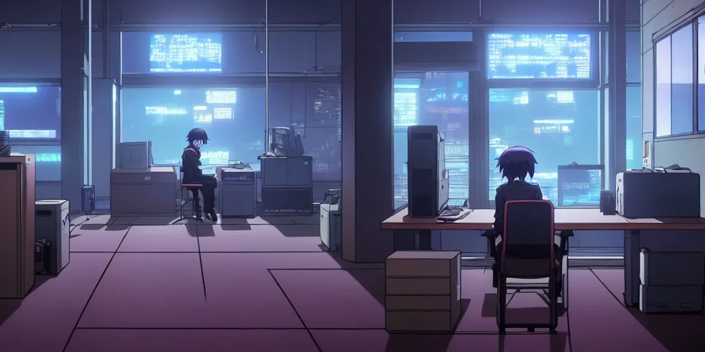 Prompt: an atmospheric empty quiet quiet after hours cyberpunk police office office in the cyberpunk neon noir anime film, Shichiro Kobayashi and makoto shinkai, screenshot in the anime series ergo proxy ergo proxy ergo proxy and Detroit metal city, interior