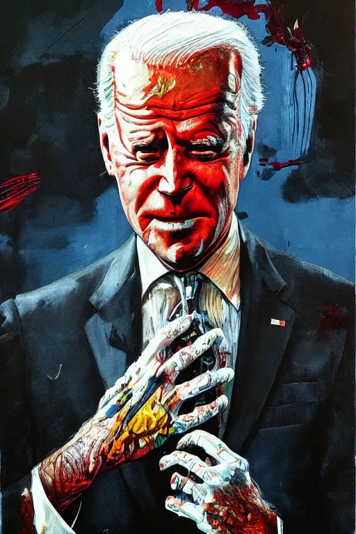 Prompt: Joe Biden full body shot, hyper-realistic painting, Body horror, biopunk, creative design, by Ralph Steadman, Francis Bacon, Hunter S Thompson