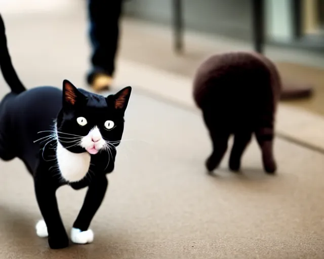 Prompt: a cat wearing tuxedo in a hurry to get to work