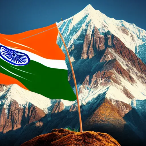 Prompt: highly detailed photo of indian flag hosting on mountain, hyper realistic, art by greg rutsowski, concept art, 8 k detail post - processing