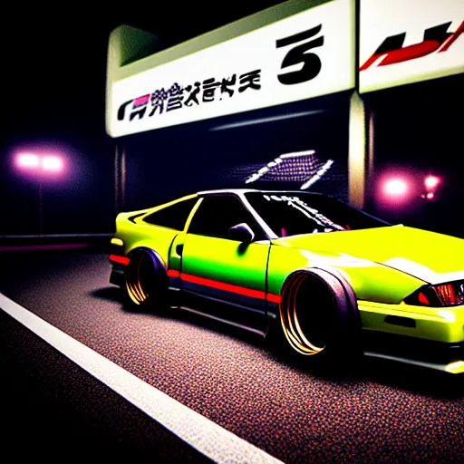 Image similar to a car 300ZX twin turbo drift at illegal car meet, Shibuya prefecture, city midnight mist lights, cinematic lighting, photorealistic, highly detailed wheels, high detail