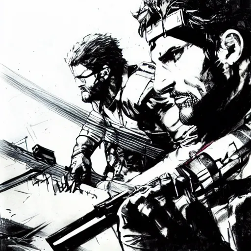 Image similar to solid snake fighting sam fisher by yoji shinkawa, concept art