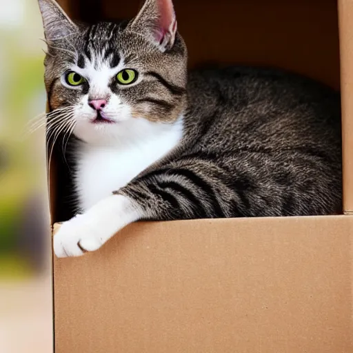 Prompt: cat sticking his head out of a small hole in a cardboard box