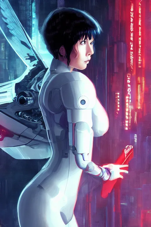 Image similar to white arc-angel with mystic robotic wings, blade runner, akira, ghost in the shell, 2077, ultra detailed, digital art, 8k ,character ,realistic, portrait, hyperrealistic