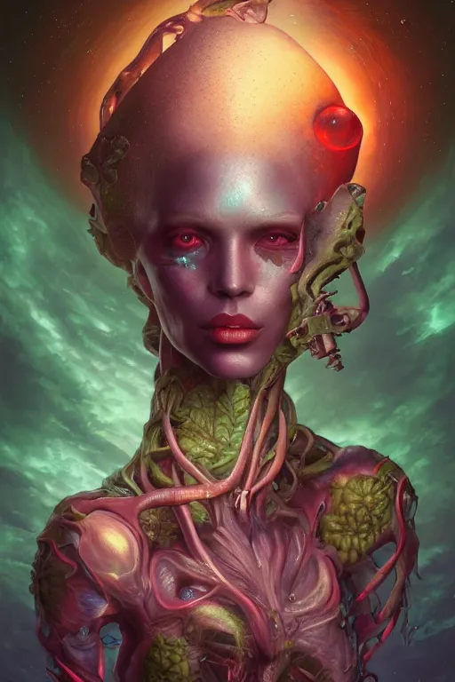 Image similar to digital portrait of an eloquent alien plant queen, straight on, full body character concept art, concept art, by artgerm, tom bagshaw, gerald brom, vaporwave colors, lo fi colors, vaporwave, lo fi, 4 k, hd, rendered with substance designer, small details,