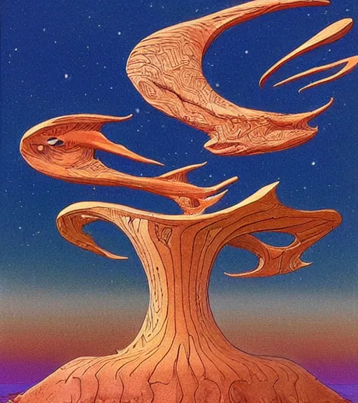 Prompt: pyrography of a Cosmic Convergence pastiche by Roger Dean and Moebius