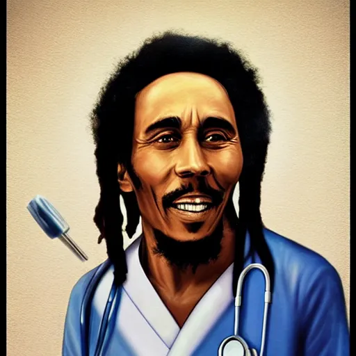 Prompt: bob marley in scrubs as a doctor, trending on artstation