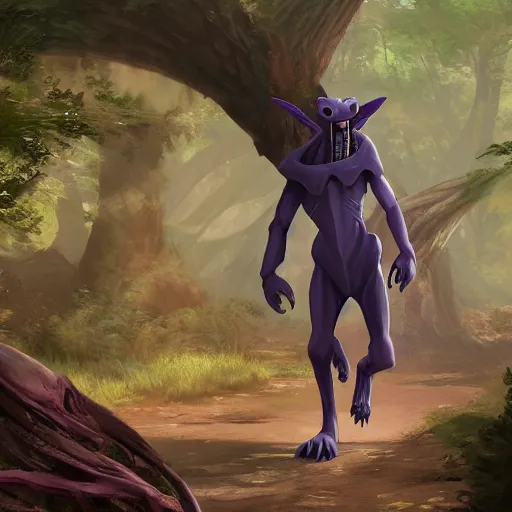 Image similar to concept art painting of an anthropomorphic purple humanoid bipedal dragon, in the deep forest, realistic, detailed, cel shaded, in the style of makoto shinkai and greg rutkowski and james gurney