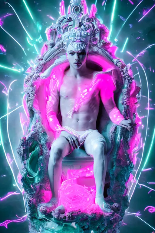 Image similar to photo of fullbody rococo and cyberpunk delicate neon crystalline sculpture of handsome muscular onyx albino marble prince joe jonas as an mint iridescent humanoid deity wearing pink plastic hooded cloak holding an onyx skull in a onyx space dungeon, reclining, glowing yellow face, crown of white diamonds, cinematic lighting, photorealistic, octane render, 8 k, depth of field, 3 d