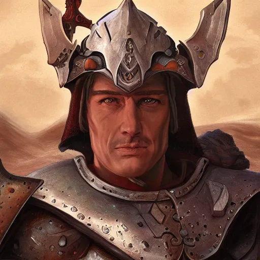 Prompt: a portrait of a paladin in the desert, stern face, D&D, digital painting by Gerald Brom, highly detailed