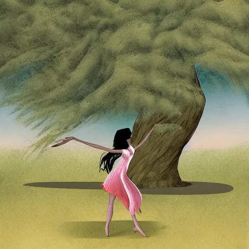 Image similar to illustration of a woman dancing near an old strong tall green persian cypress tree in wind, digital painting, artist farshchian