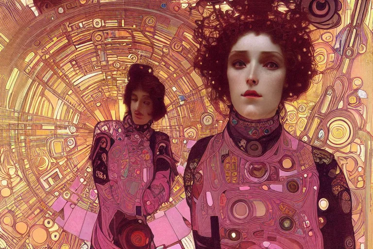 Prompt: symmetric, a dark woman android in a pastel pink dress, in a room full of neural networks and wires and computers, dark sci - fi, ai, 4 k realistic, artem demura. alphonse mucha, gustav klimt.