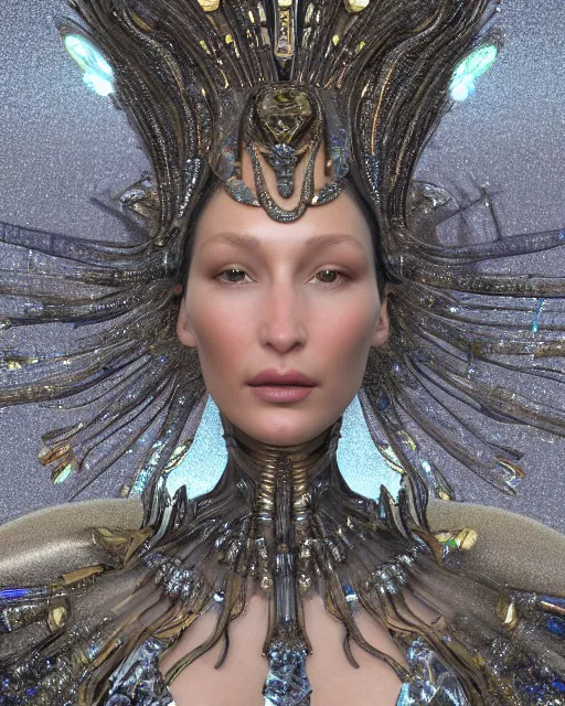 Image similar to a highly detailed metahuman 4 k close up render of an alien goddess bella hadid as goddess in iris van herpen dress schiaparelli in diamonds crystals swarovski and jewelry iridescent in style of alphonse mucha gustav klimt trending on artstation made in unreal engine 4