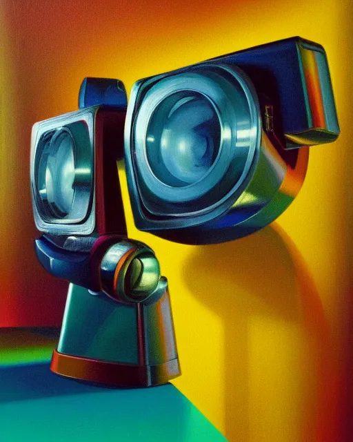 Prompt: retro technology, 9 0 s colors and shapes, wayne barlow, oil on canvas, deep depth of field, masterpiece, cinematic composition, hyperdetailed