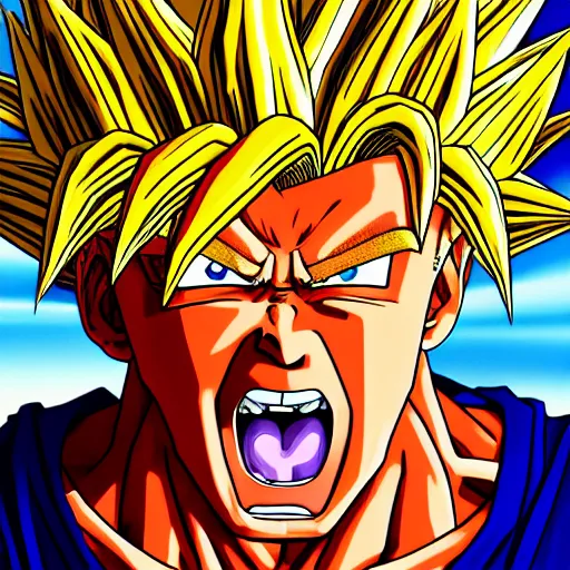 Image similar to ultra realistic portrait painting of donald trump as super saiyan goku, art by akira toriyama, 4 k, dragon ball artstyle, cel shaded, highly detailed, epic lighting