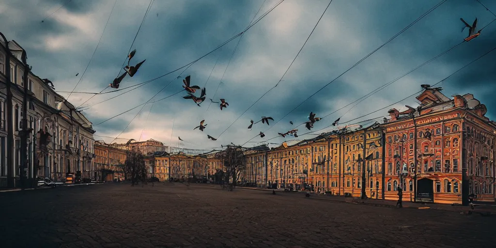 Prompt: cinematic street shot of a flying houses of saint petersburg city, telephoto, anamorphic cinematography, beautiful composition, color theory, leading lines, photorealistic, moody volumetric lighting