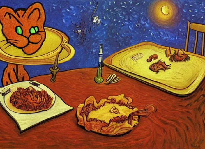 Prompt: detailed realistic surrealist painting of garfield eating lasagna at dusk, in the style of vincent van gogh and salvador dali and wayne barlowe