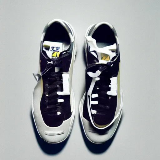 Image similar to a studio photoshoot of A Nike sneaker designed by Virgil Abloh and Louis Vuitton, Off-White, realistic, color film photography by Tlyer Mitchell, 35 mm, graflex