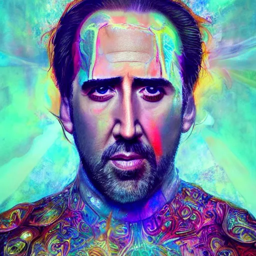 Image similar to a portrait of nicholas cage as jesus on an acid trip, upper half portrait, robotic background, psychedelic painting on face, intricate, elegant, highly detailed, digital painting, trending on artstation, concept art, smooth sharp focus, illustration, art by artgerm and greg rutkowski