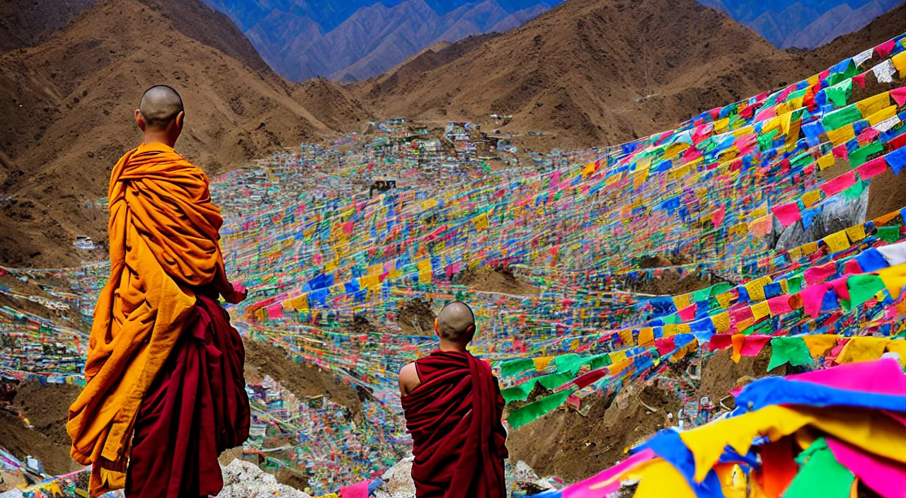 Prompt: buddhist monk fashion advertising campaign, nepal monastery, on top of a mountain, prayer flags, vibrant colors, photography, very beautiful, highly detailed, intricate