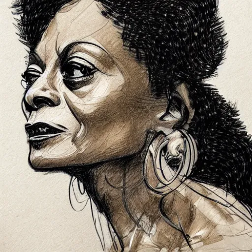 Image similar to a realistic yet scraggly portrait sketch of the side profile of a stern and sophisticated diana ross, trending on artstation, intricate details, in the style of frank auerbach, in the style of sergio aragones, in the style of martin ansin, in the style of david aja, in the style of mattias adolfsson