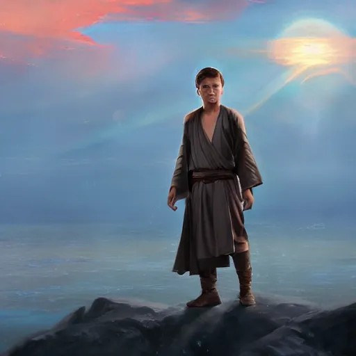 Prompt: a young male jedi with short dark blonde hair standing still looking at the sunset concept art by Doug Chiang cinematic, realistic painting, high definition, concept art, portait image, path tracing, serene landscape, high quality, highly detailed, 8K, soft colors, warm colors, turbulent sea, high coherence, anatomically correct, hyperrealistic, concept art, defined face, five fingers, symmetrical