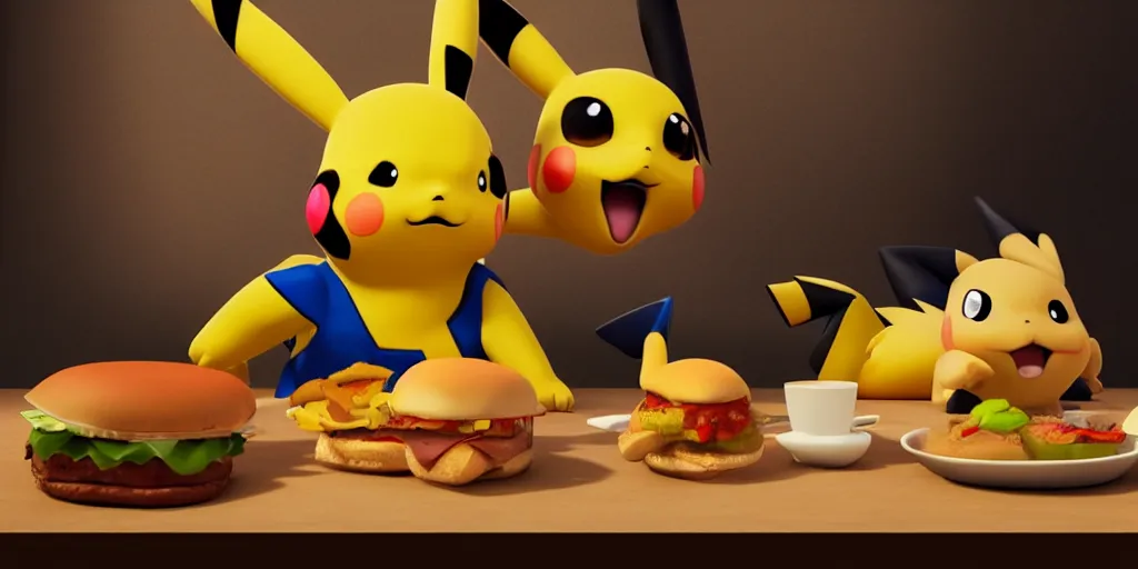 Prompt: a realistic Pikachu and a charizard next to a table eating a delicious hamburger, digital art, wide shot, highly detailed, hyperrealistic, photorealistic, unreal engine 5, very detailed, made by a professional 3d artist, dynamic lighting, trending on artstation, 4k uhd, epic composition, masterpiece