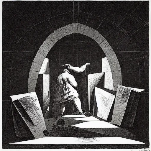 Image similar to lithography on paper secret layer dungeon conceptual figurative post - morden monumental dynamic portrait by goya and escher and hogarth, illusion surreal art, highly conceptual figurative art, intricate detailed illustration, controversial poster art, polish poster art, geometrical drawings, no blur