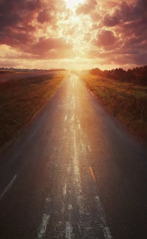 Image similar to paperback book cover by wlop. pure colors, melting clouds, accurately drawn details, a sunburst above a receding road with the light reflected in furrows and ruts, after rain. photorealistic. octane render. cinematic. trending on artstation. textless.