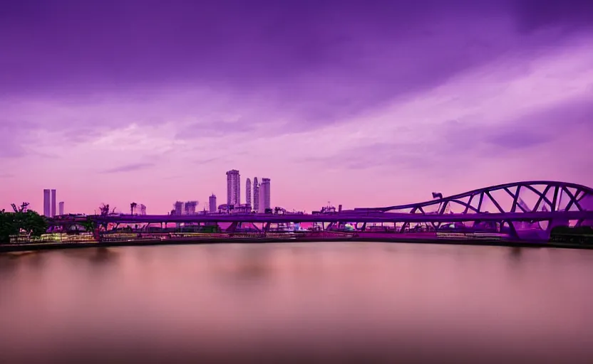 Prompt: a photo of wuhan, river, bridge, sunset, purple sky, cinematic, 8 k, highly - detailed