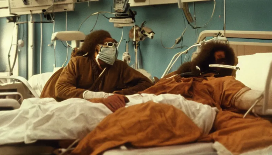 Prompt: 70s movie still of a man wearing gold spiral mask in hospital, eastmancolor, heavy grain, high quality, higly detailed, liminal space