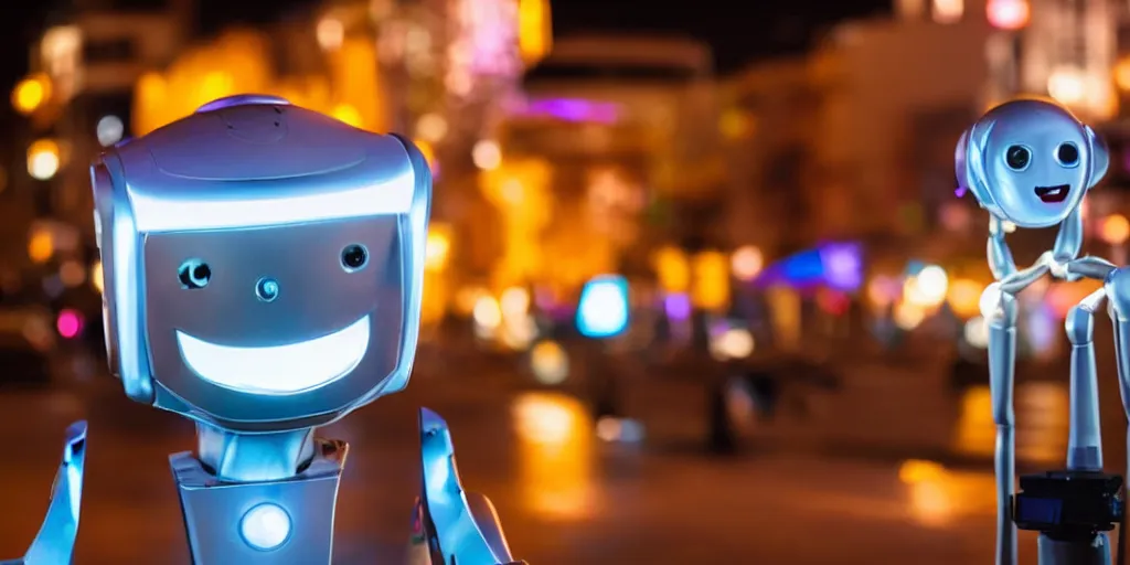 Prompt: extreme close up of a robot smiling in downtown at night, macro photography, heavy depth of field