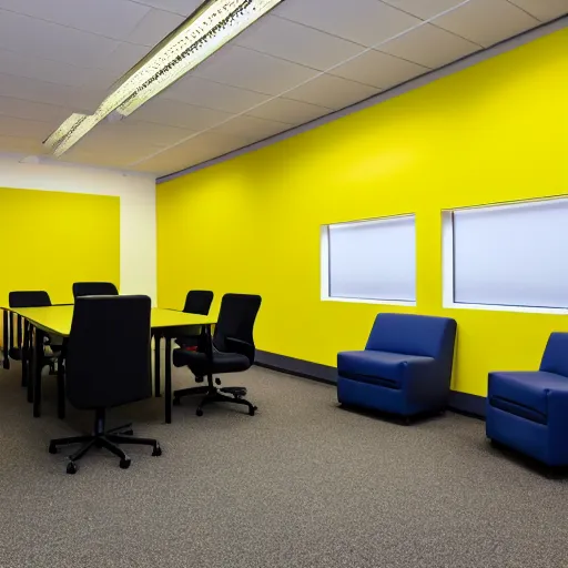 Prompt: a photograph of an emty office with mono yellow walls,brown moist carpet and fluorescent lights,creepy,eerie,4k,real photo,natural lights,mysterious,professional photography,nostalgic,old