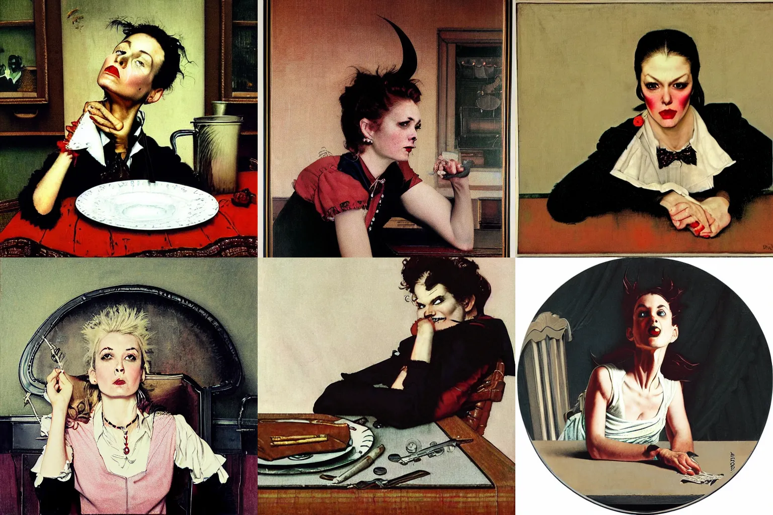 Prompt: Portrait of an irritated punk vampire woman, posed on a table and looking up, by Norman Rockwell.