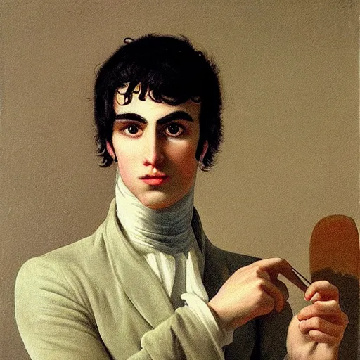 Prompt: painting of handsome beautiful man in his 2 0 s named shadow at the cucumber soup party, elegant, clear, painting, stylized, art, art by jacques louis david