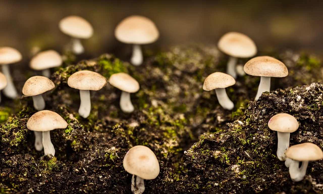 Prompt: a macro shot of bioluminescent mushrooms, dof, 4k, bokeh, acid pixie