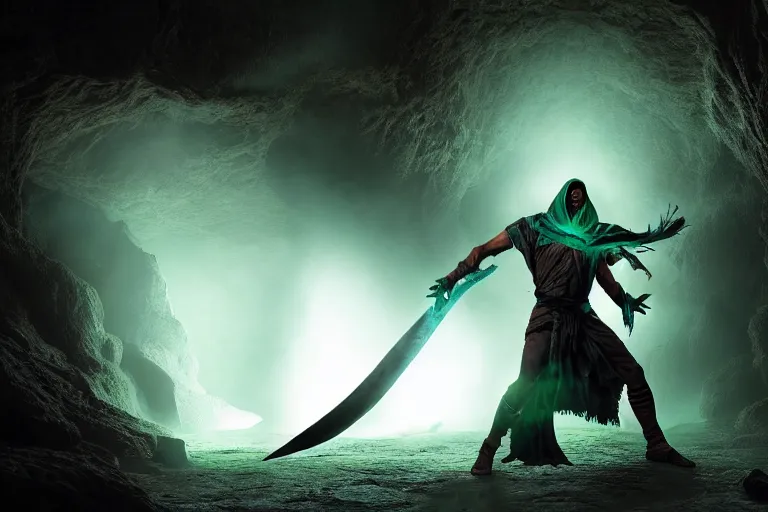 Image similar to vfx film, soul reaver, raziel irl, price of persia movie, missing jaw, hero pose, devouring magic souls, scarf, hood, glowing green soul blade, in epic ancient sacred huge cave temple, flat color profile low - key lighting award winning photography arri alexa cinematography, hyper real photorealistic cinematic beautiful, atmospheric cool colorgrade