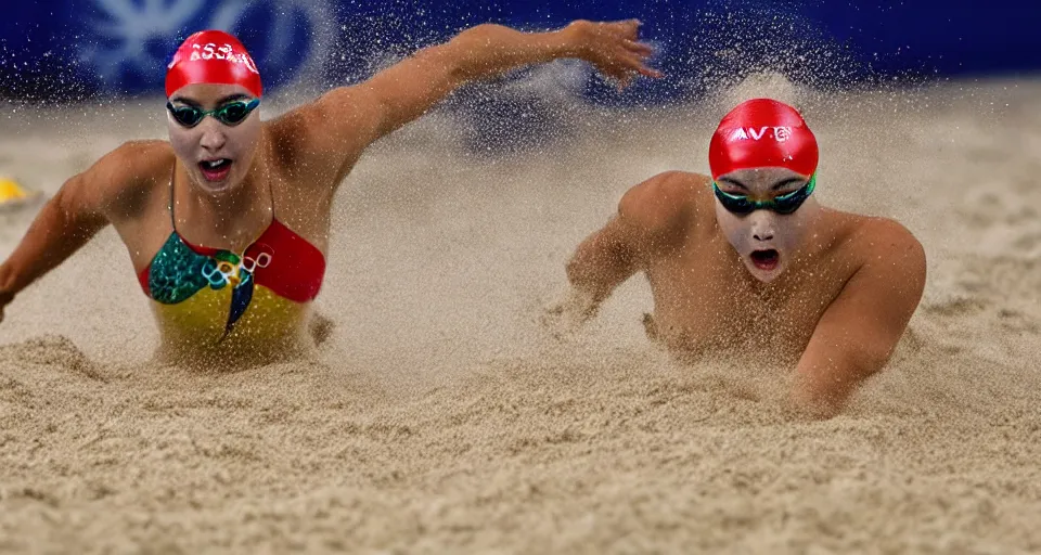 Image similar to olympic swimming in sand instead of water, extremely coherent, motion blur