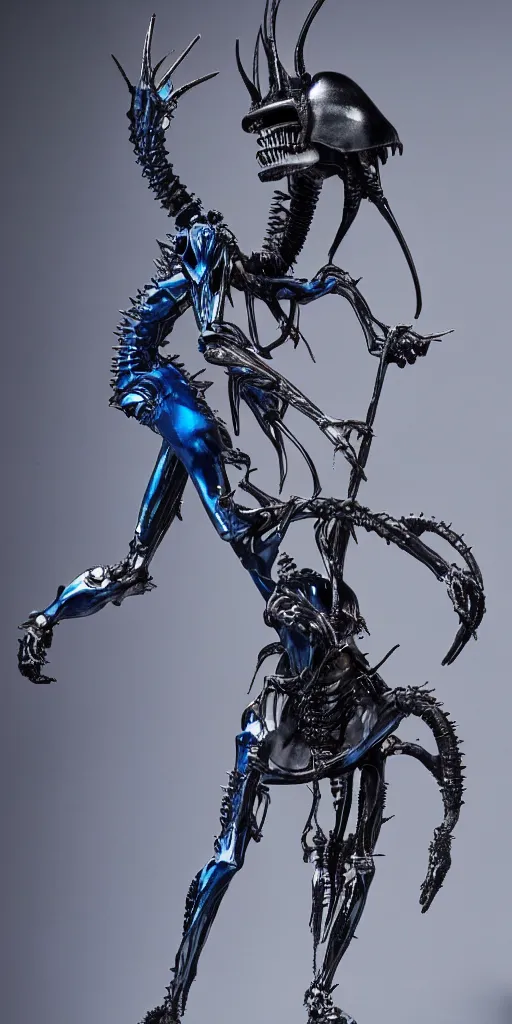 Prompt: blue human with rick owens iron spikes xenomorph intricated jewelry figure plastic jumping in a runway fashion show, realistic photography paparazzi by Nick Knight and Luis Royo