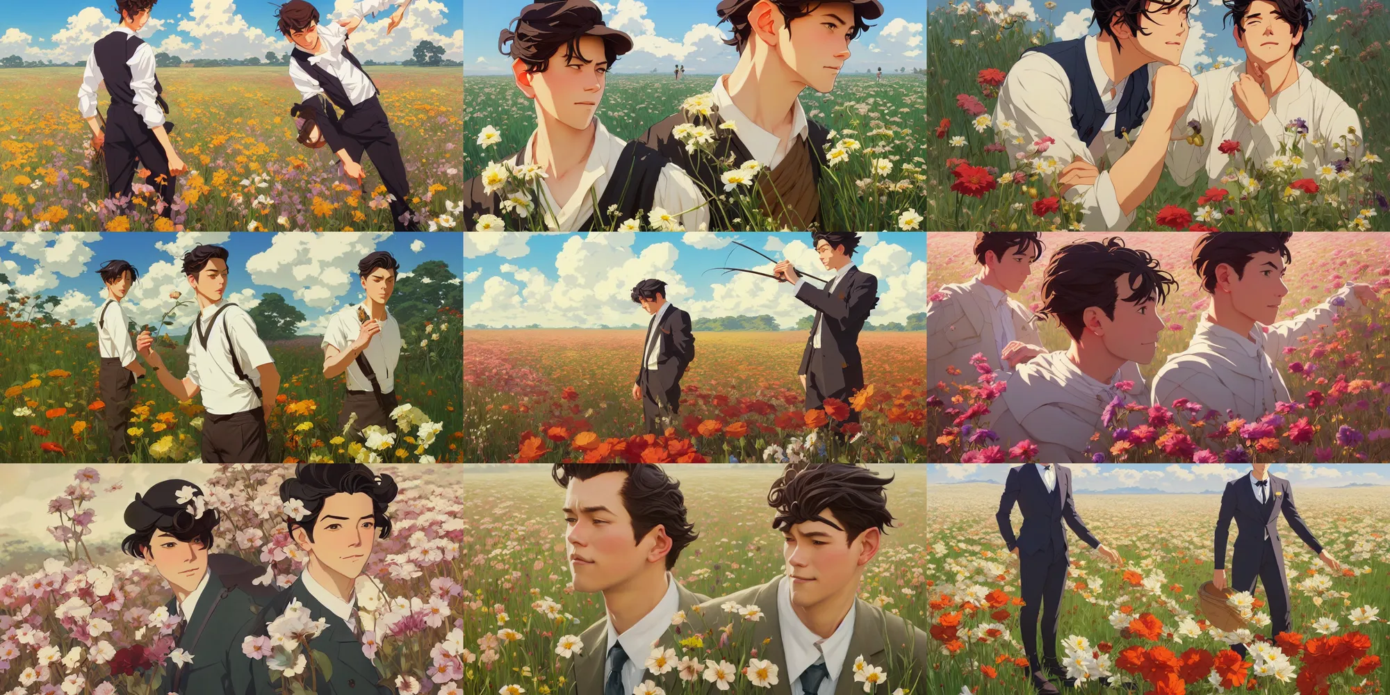 Prompt: flower field, attractive male, in the style of studio ghibli, j. c. leyendecker, greg rutkowski, artgerm