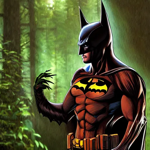 Image similar to batman meets groot in the woods digital art 4 k detailed super realistic